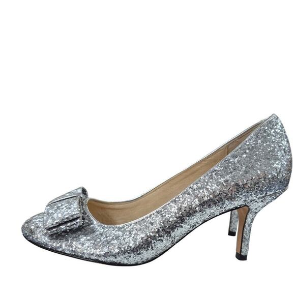 $298 Kate Spade NY Silver Glitter Krysta Pumps Shoes Heel 3” Bow 6M Worn Once - Picture 8 of 9